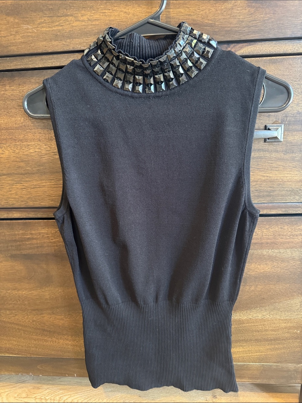 Cache Black Sleeveless Mock Neck Tank with Stud Embellishments
